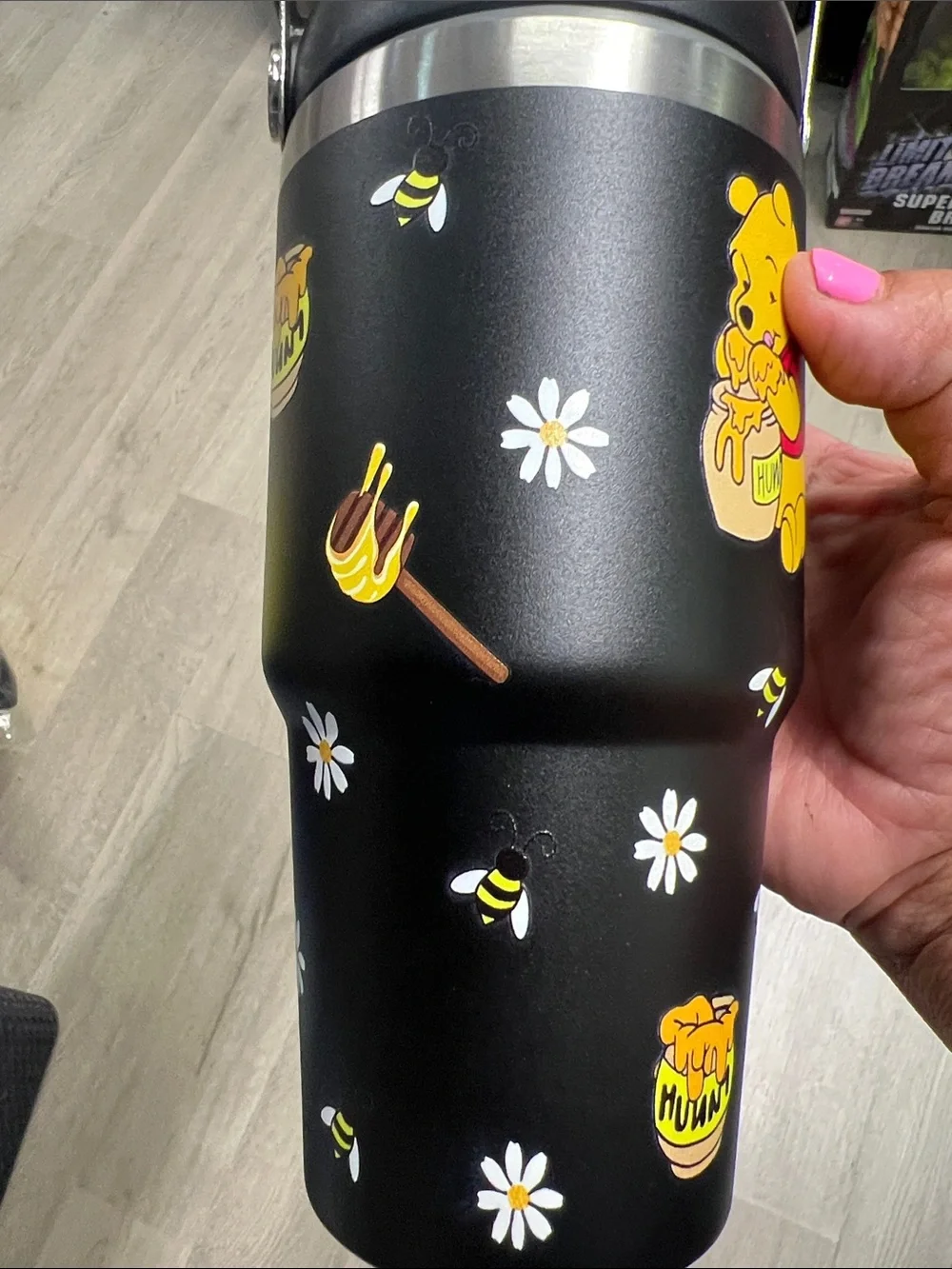 Stanley Black Winnie the Pooh Kids Travel Tumbler with Yellow & Pink Accents
